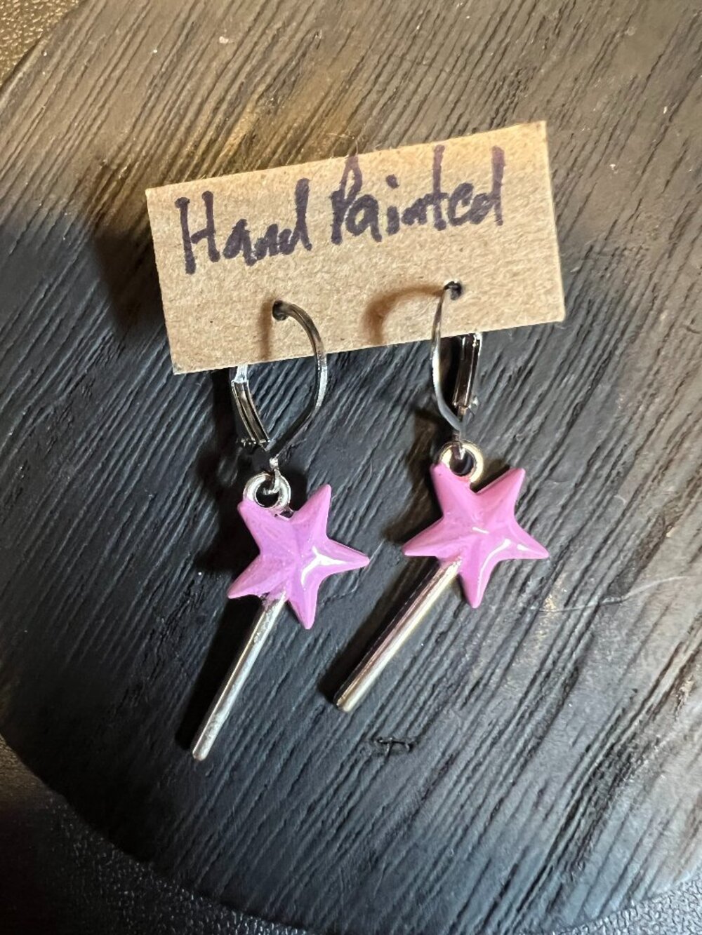 Hand Painted Fairy Wand Dangle Earrings, Silvertone and Pink, UV Reactive